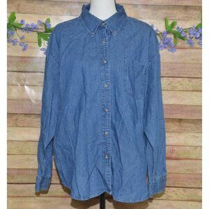 Harrah's Casino Blue Denim Button Up Shirt Top Size XL Cotton Embroidered Logo